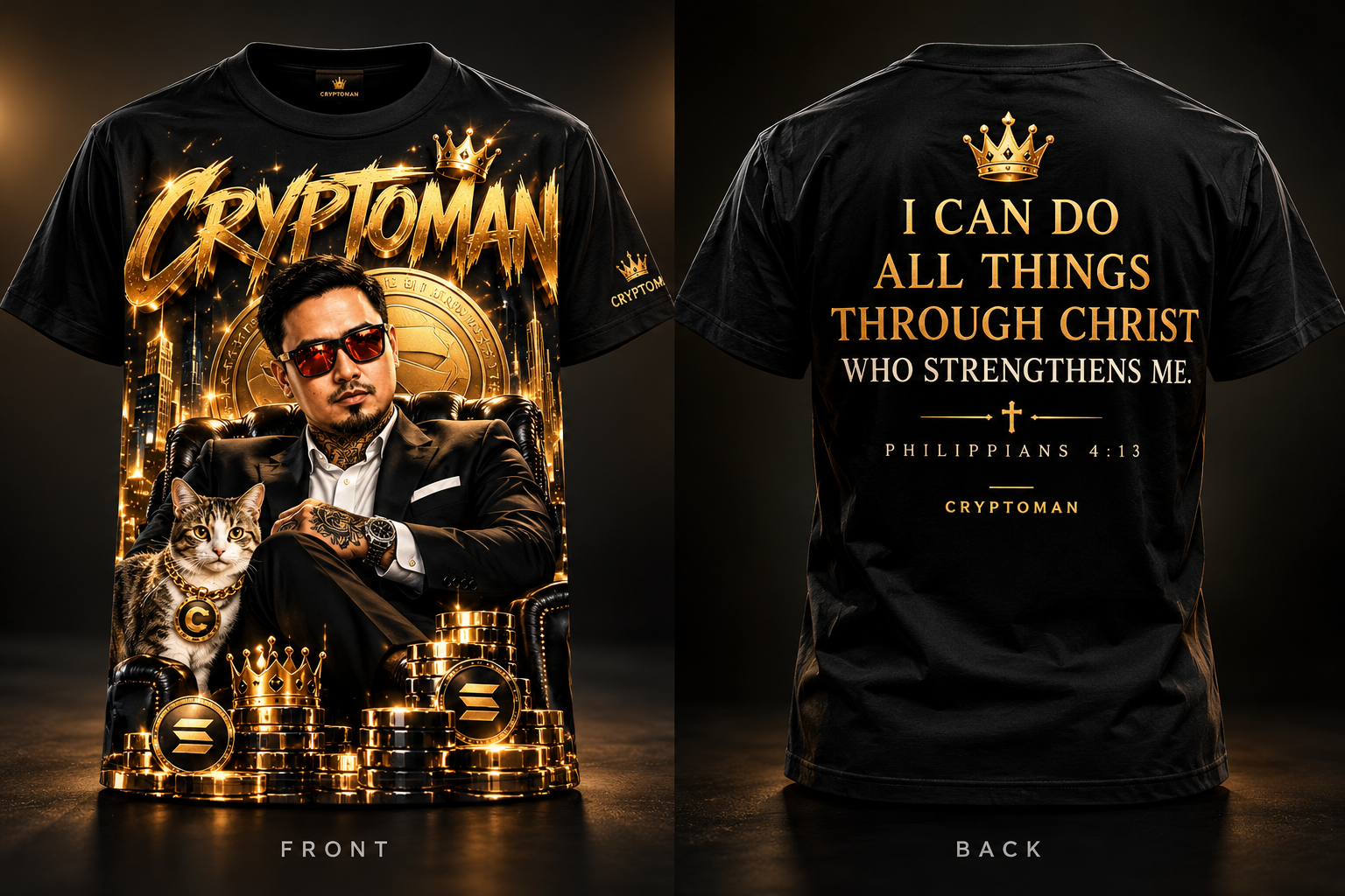 CryptoMan featured shirt design, front and back